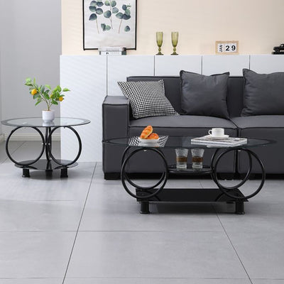 Modern Minimalist Round Ellipse Tempered Glass Galvanized Pipe Coffee Table For Living Room