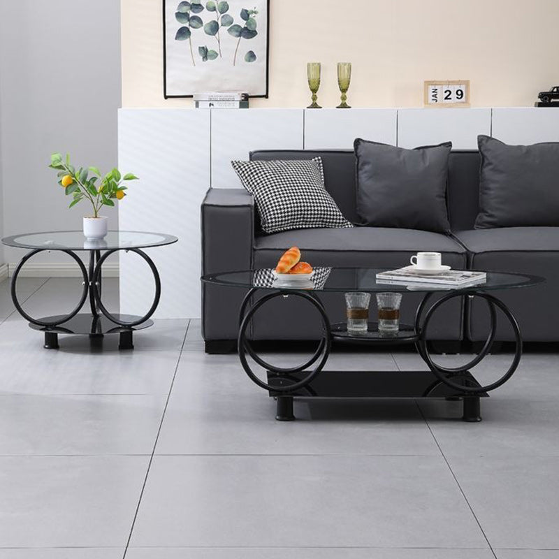 Modern Minimalist Round Ellipse Tempered Glass Galvanized Pipe Coffee Table For Living Room