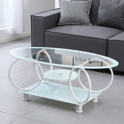 Modern Minimalist Round Ellipse Tempered Glass Galvanized Pipe Coffee Table For Living Room
