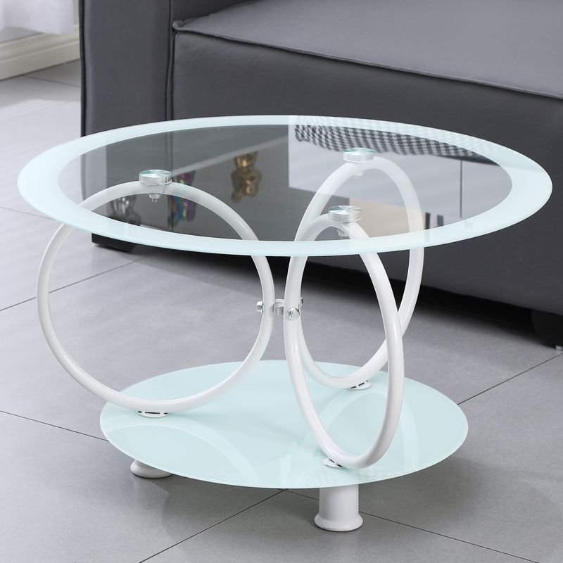 Modern Minimalist Round Ellipse Tempered Glass Galvanized Pipe Coffee Table For Living Room