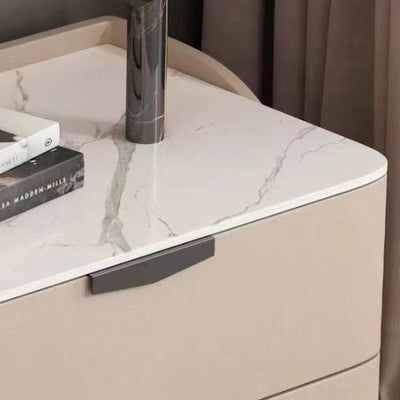 Modern Minimalist Rectangular Microfiber Leather Rock Slab Pine Wood Solid Wood Plywood Nightstand 2-Drawer For Bedroom