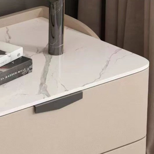 Modern Minimalist Rectangular Microfiber Leather Rock Slab Pine Wood Solid Wood Plywood Nightstand 2-Drawer For Bedroom