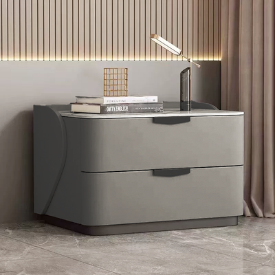 Modern Minimalist Rectangular Microfiber Leather Rock Slab Pine Wood Solid Wood Plywood Nightstand 2-Drawer For Bedroom