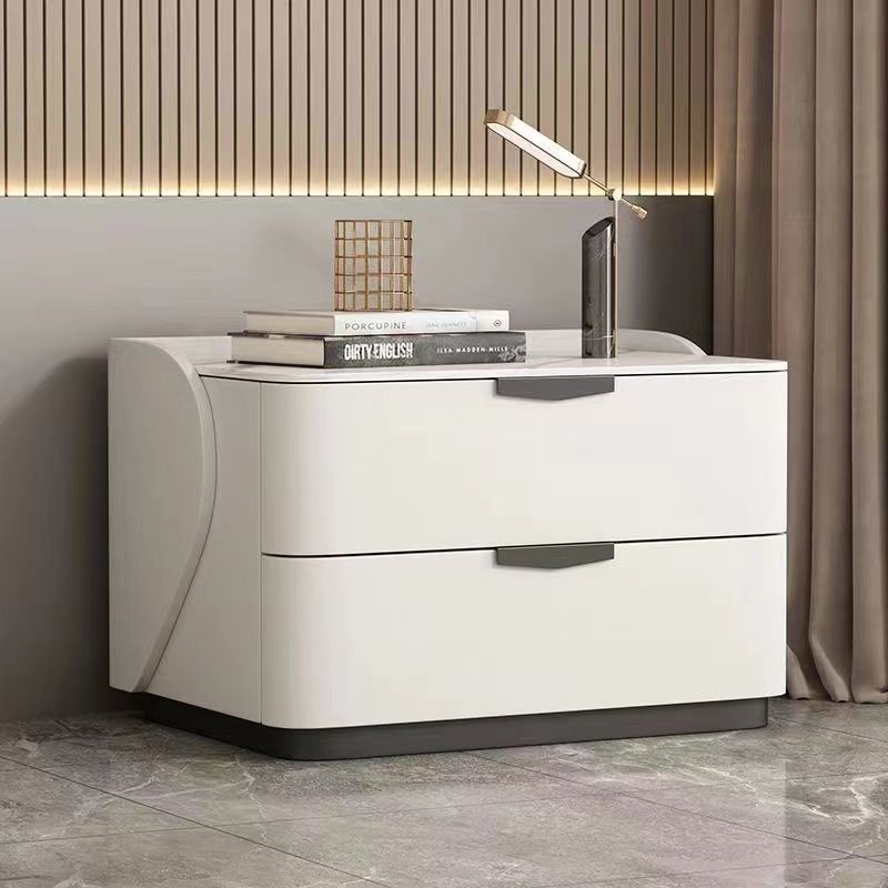 Modern Minimalist Rectangular Microfiber Leather Rock Slab Pine Wood Solid Wood Plywood Nightstand 2-Drawer For Bedroom