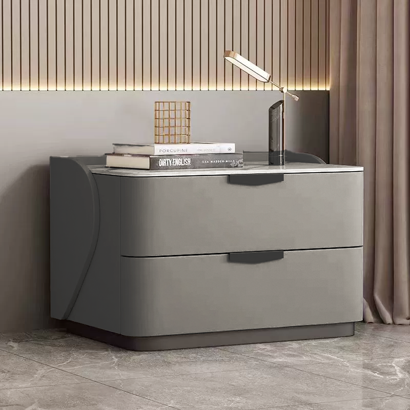 Modern Minimalist Rectangular Microfiber Leather Rock Slab Pine Wood Solid Wood Plywood Nightstand 2-Drawer For Bedroom