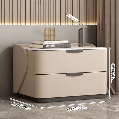 Modern Minimalist Rectangular Microfiber Leather Rock Slab Pine Wood Solid Wood Plywood Nightstand 2-Drawer For Bedroom