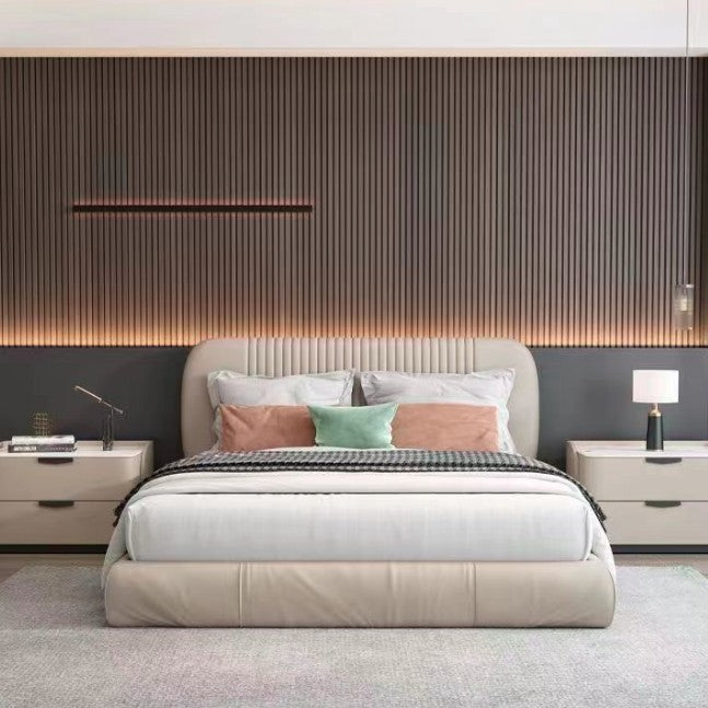 Modern Minimalist Rectangular Microfiber Leather Rock Slab Pine Wood Solid Wood Plywood Nightstand 2-Drawer For Bedroom