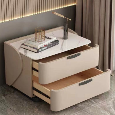 Modern Minimalist Rectangular Microfiber Leather Rock Slab Pine Wood Solid Wood Plywood Nightstand 2-Drawer For Bedroom