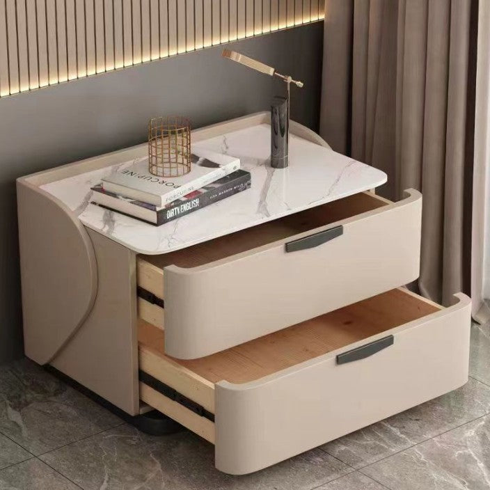 Modern Minimalist Rectangular Microfiber Leather Rock Slab Pine Wood Solid Wood Plywood Nightstand 2-Drawer For Bedroom