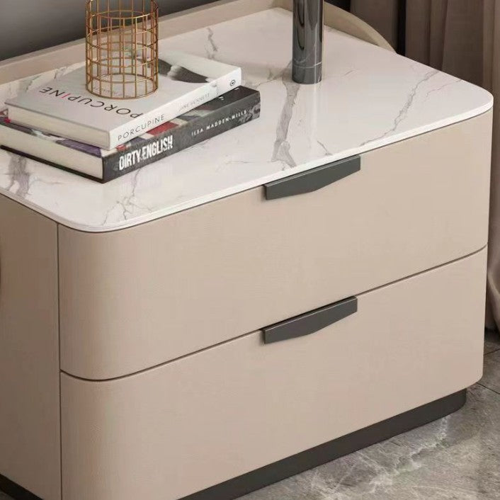 Modern Minimalist Rectangular Microfiber Leather Rock Slab Pine Wood Solid Wood Plywood Nightstand 2-Drawer For Bedroom
