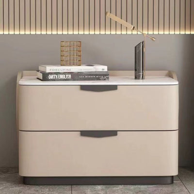 Modern Minimalist Rectangular Microfiber Leather Rock Slab Pine Wood Solid Wood Plywood Nightstand 2-Drawer For Bedroom