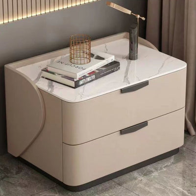 Modern Minimalist Rectangular Microfiber Leather Rock Slab Pine Wood Solid Wood Plywood Nightstand 2-Drawer For Bedroom