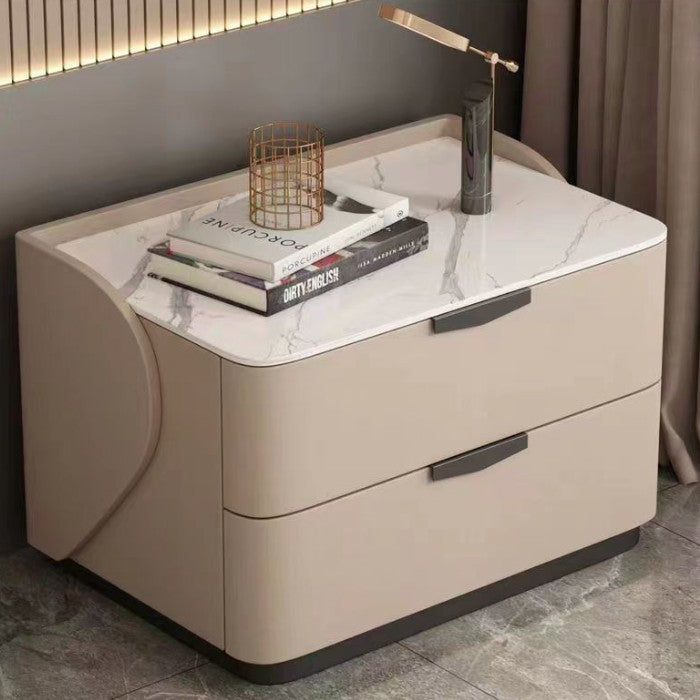 Modern Minimalist Rectangular Microfiber Leather Rock Slab Pine Wood Solid Wood Plywood Nightstand 2-Drawer For Bedroom