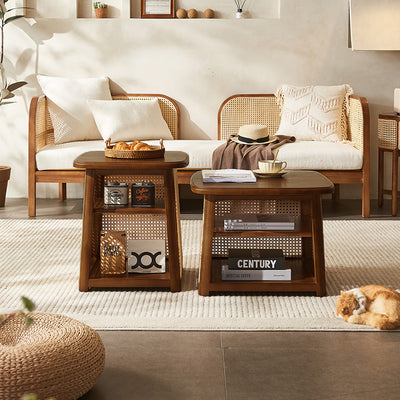 Traditional Japanese Square Rectangular Solid Wood Rattan Weaving Coffee Table 3-Tier For Living Room