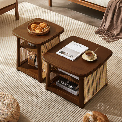 Traditional Japanese Square Rectangular Solid Wood Rattan Weaving Coffee Table 3-Tier For Living Room