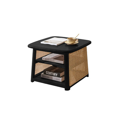 Traditional Japanese Square Rectangular Solid Wood Rattan Weaving Coffee Table 3-Tier For Living Room