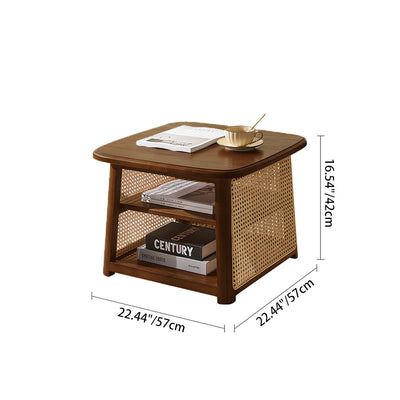 Traditional Japanese Square Rectangular Solid Wood Rattan Weaving Coffee Table 3-Tier For Living Room