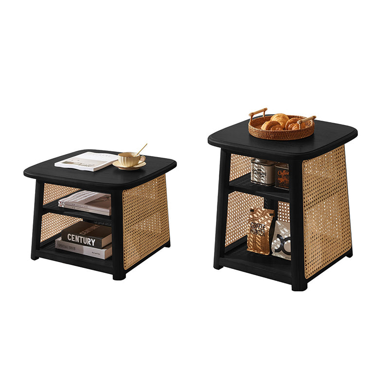 Traditional Japanese Square Rectangular Solid Wood Rattan Weaving Coffee Table 3-Tier For Living Room