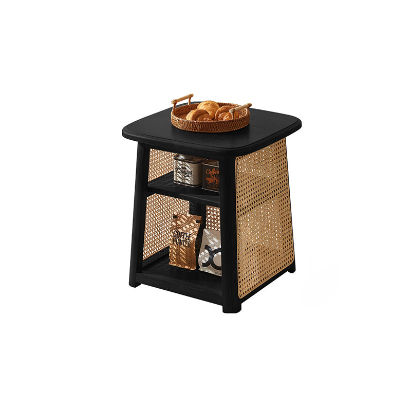 Traditional Japanese Square Rectangular Solid Wood Rattan Weaving Coffee Table 3-Tier For Living Room