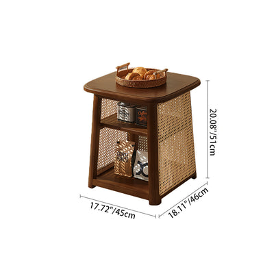 Traditional Japanese Square Rectangular Solid Wood Rattan Weaving Coffee Table 3-Tier For Living Room