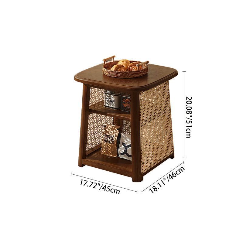 Traditional Japanese Square Rectangular Solid Wood Rattan Weaving Coffee Table 3-Tier For Living Room