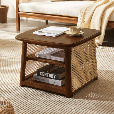 Traditional Japanese Square Rectangular Solid Wood Rattan Weaving Coffee Table 3-Tier For Living Room