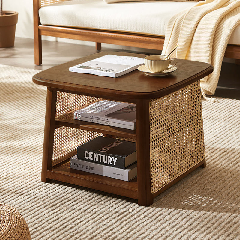 Traditional Japanese Square Rectangular Solid Wood Rattan Weaving Coffee Table 3-Tier For Living Room
