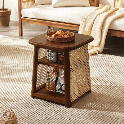 Traditional Japanese Square Rectangular Solid Wood Rattan Weaving Coffee Table 3-Tier For Living Room