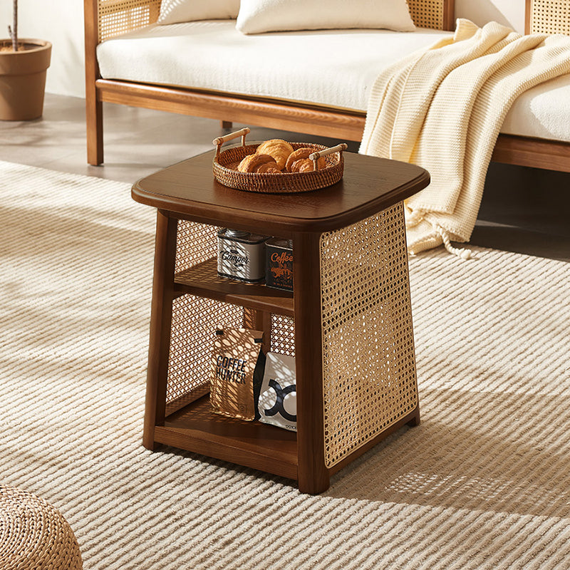 Traditional Japanese Square Rectangular Solid Wood Rattan Weaving Coffee Table 3-Tier For Living Room