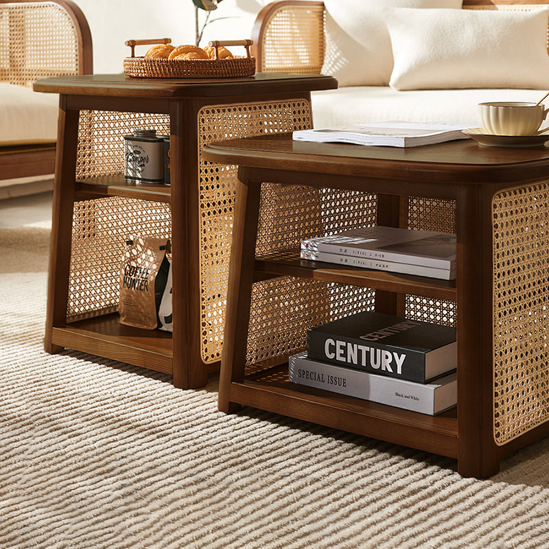 Traditional Japanese Square Rectangular Solid Wood Rattan Weaving Coffee Table 3-Tier For Living Room