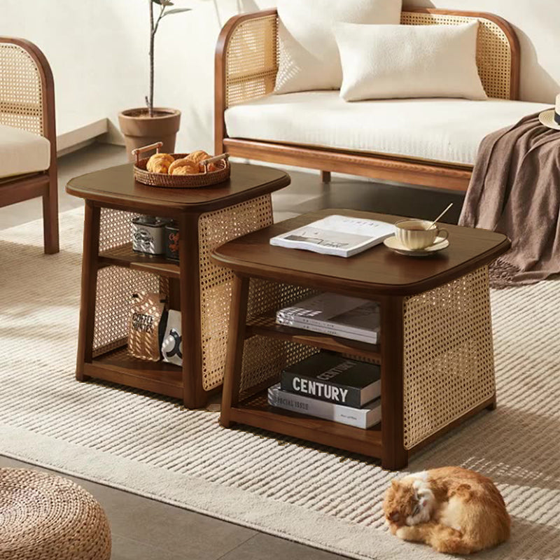 Traditional Japanese Square Rectangular Solid Wood Rattan Weaving Coffee Table 3-Tier For Living Room