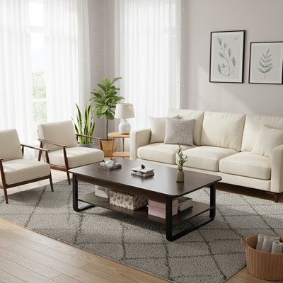 Modern Minimalist Square Rectangular Medium Density Board Steel Coffee Table 2-Tier For Living Room