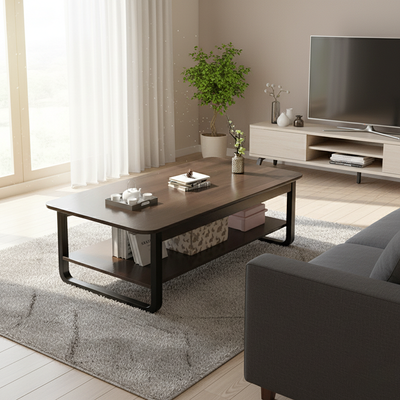 Modern Minimalist Square Rectangular Medium Density Board Steel Coffee Table 2-Tier For Living Room