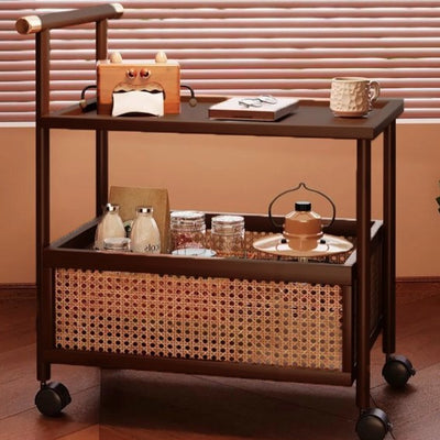 Traditional Chinese Square Rectangular Resin Weaving Nan Bamboo MDF End Table 2-Tier For Living Room