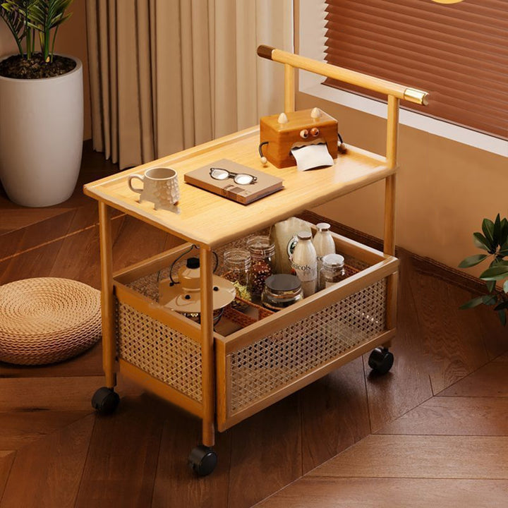 Traditional Chinese Square Rectangular Plastic Rattan Nan Bamboo MDF End Table 2-Tier For Living Room