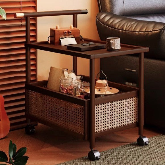 Traditional Chinese Square Rectangular Resin Weaving Nan Bamboo MDF End Table 2-Tier For Living Room