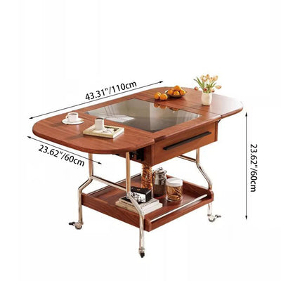 Traditional Chinese Square Rectangular Curved Solid Wood Eco Board Stainless Steel Glass Foldable Movable Coffee Table 2-Drawer For Living Room