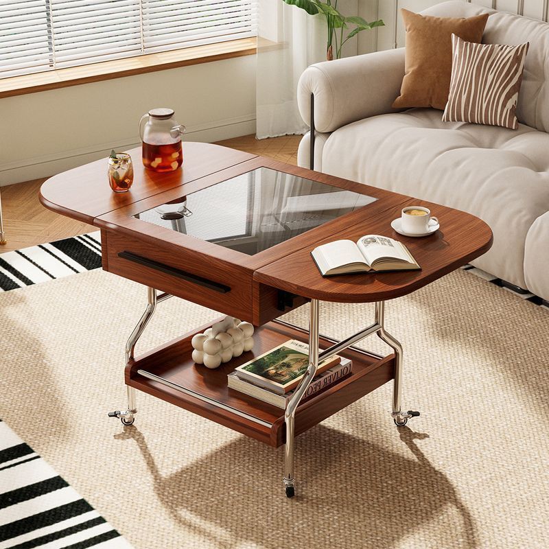 Traditional Chinese Square Rectangular Curved Solid Wood Eco Board Stainless Steel Glass Foldable Movable Coffee Table 2-Drawer For Living Room