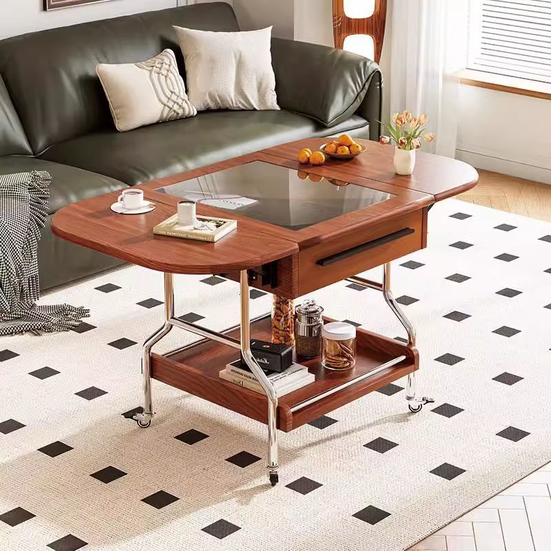 Traditional Chinese Square Rectangular Curved MDF Stainless Steel Glass Foldable Movable Coffee Table 2-Drawer For Living Room