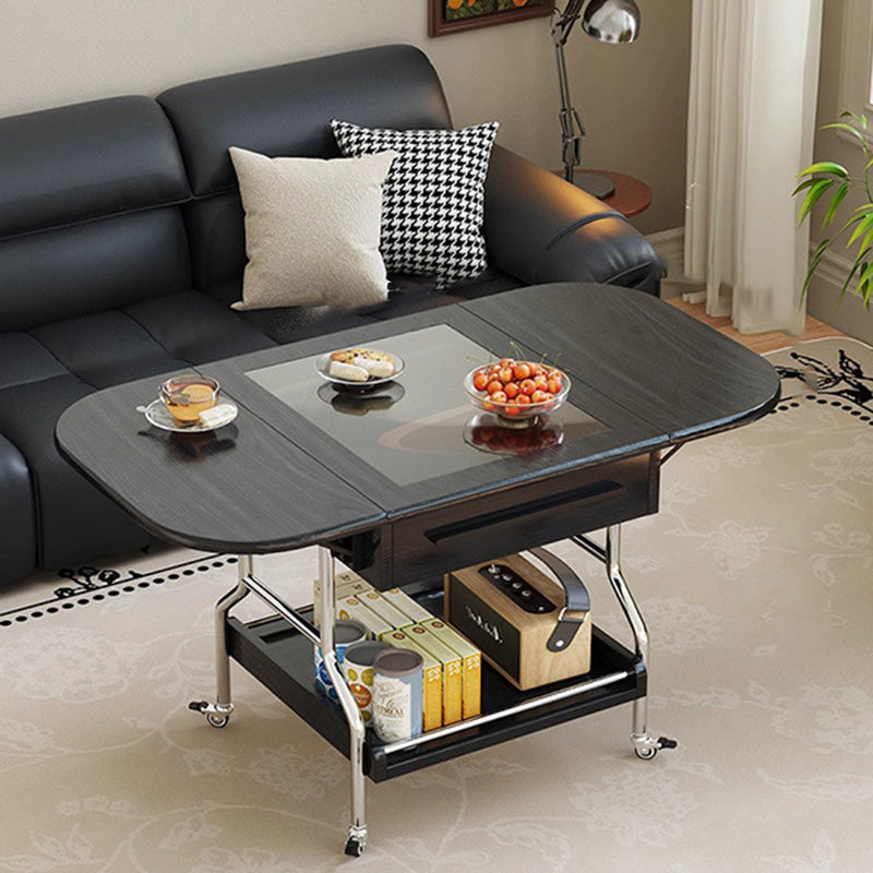 Traditional Chinese Square Rectangular Curved Solid Wood Eco Board Stainless Steel Glass Foldable Movable Coffee Table 2-Drawer For Living Room