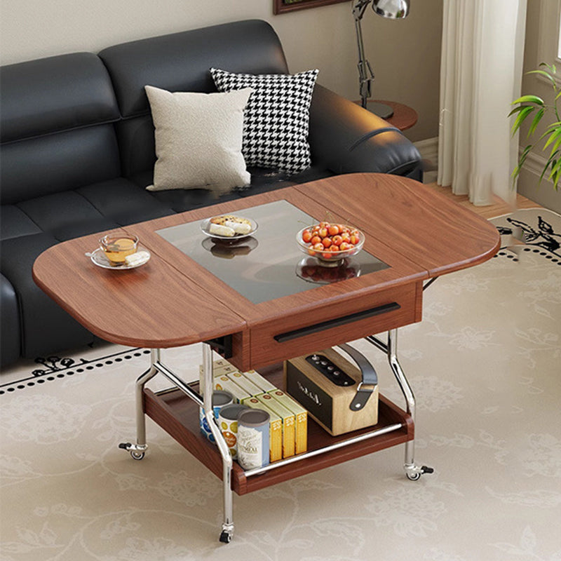 Traditional Chinese Square Rectangular Curved Solid Wood Eco Board Stainless Steel Glass Foldable Movable Coffee Table 2-Drawer For Living Room