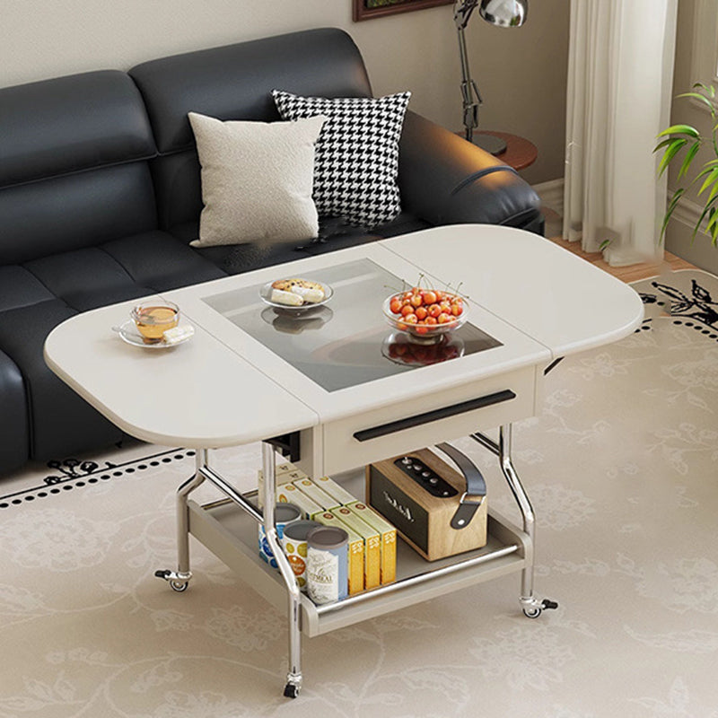 Traditional Chinese Square Rectangular Curved MDF Stainless Steel Glass Foldable Movable Coffee Table 2-Drawer For Living Room
