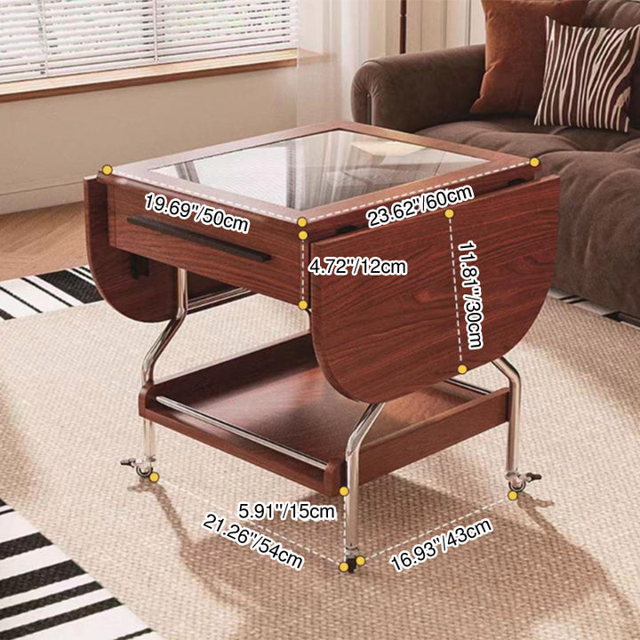 Traditional Chinese Square Rectangular Curved MDF Stainless Steel Glass Foldable Movable Coffee Table 2-Drawer For Living Room