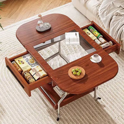 Traditional Chinese Square Rectangular Curved Solid Wood Eco Board Stainless Steel Glass Foldable Movable Coffee Table 2-Drawer For Living Room
