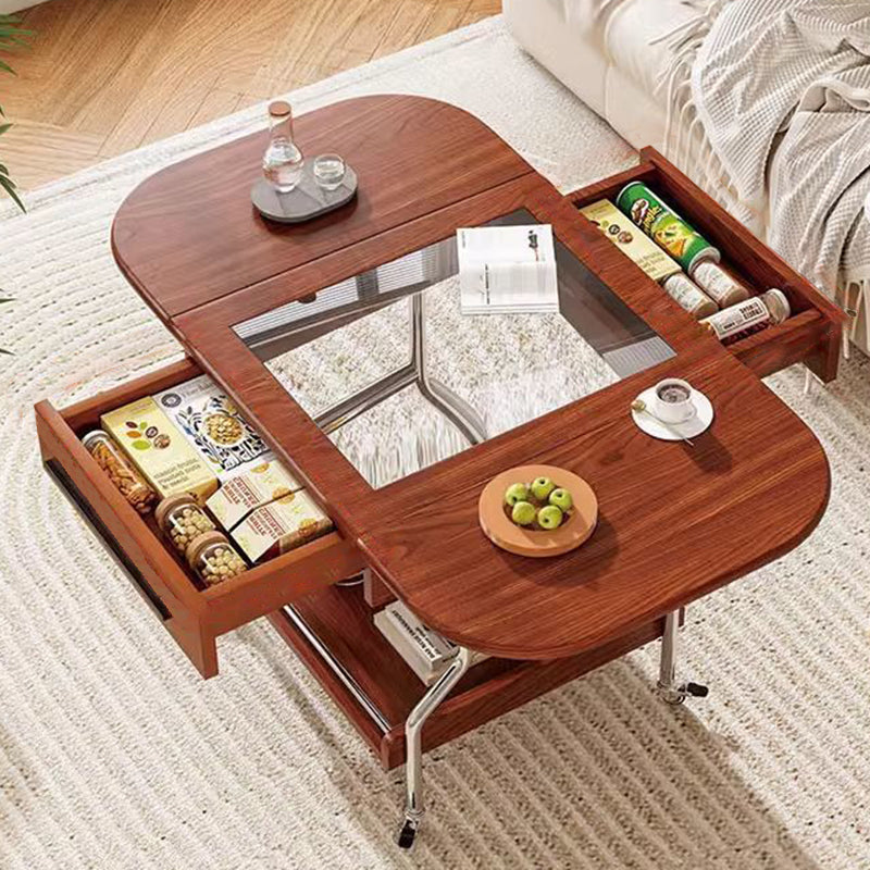 Traditional Chinese Square Rectangular Curved Solid Wood Eco Board Stainless Steel Glass Foldable Movable Coffee Table 2-Drawer For Living Room