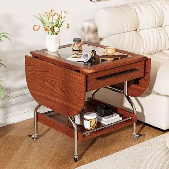 Traditional Chinese Square Rectangular Curved MDF Stainless Steel Glass Foldable Movable Coffee Table 2-Drawer For Living Room