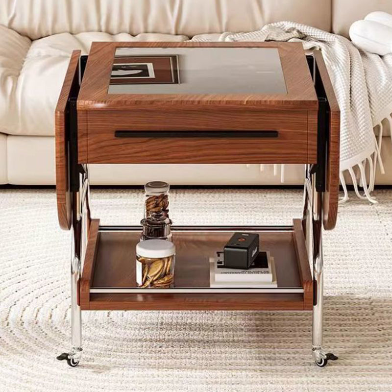 Traditional Chinese Square Rectangular Curved MDF Stainless Steel Glass Foldable Movable Coffee Table 2-Drawer For Living Room
