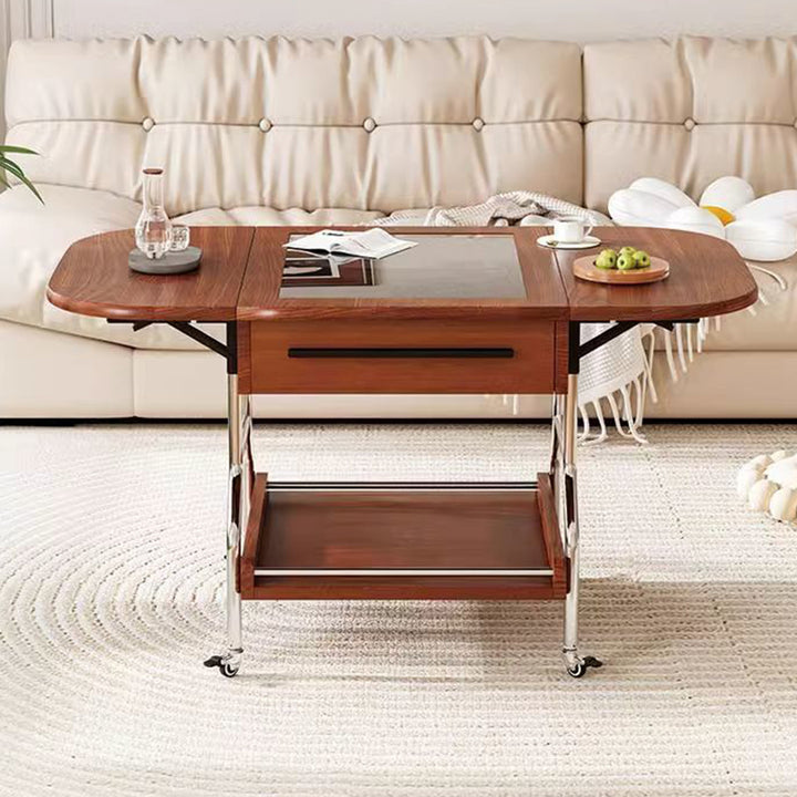 Traditional Chinese Square Rectangular Curved MDF Stainless Steel Glass Foldable Movable Coffee Table 2-Drawer For Living Room