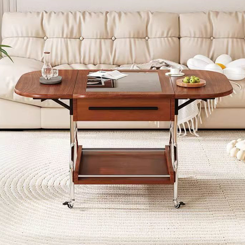 Traditional Chinese Square Rectangular Curved Solid Wood Eco Board Stainless Steel Glass Foldable Movable Coffee Table 2-Drawer For Living Room