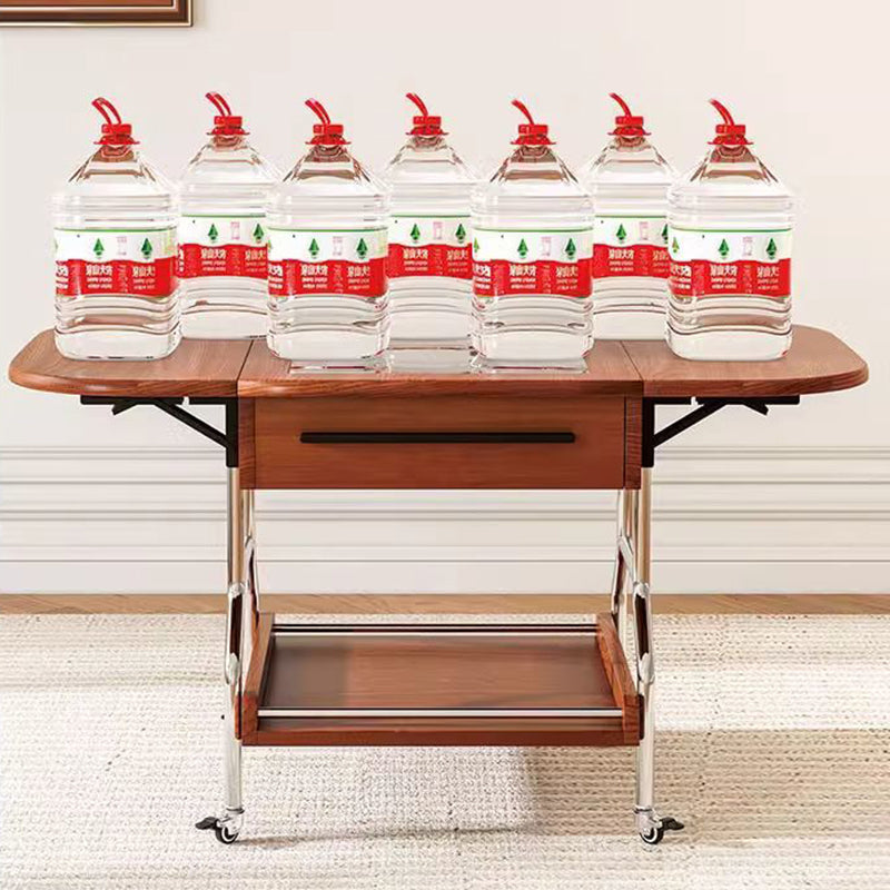 Traditional Chinese Square Rectangular Curved Solid Wood Eco Board Stainless Steel Glass Foldable Movable Coffee Table 2-Drawer For Living Room